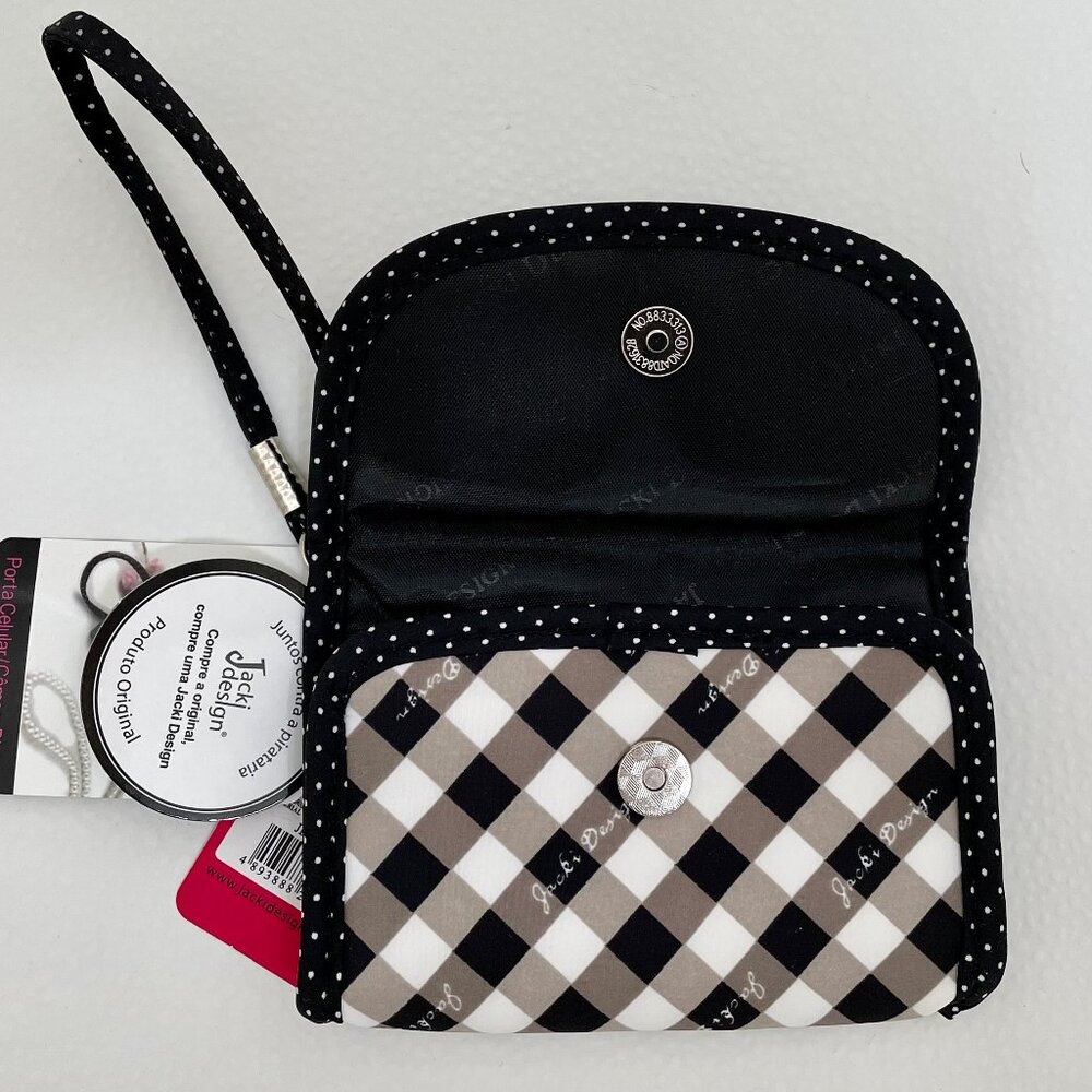 NWT JACKI DESIGN WRISTLET FLAPTOP WALLET COIN MAKEUP BLACK/WHITE BOW W/BEADS - Picture 8 of 11